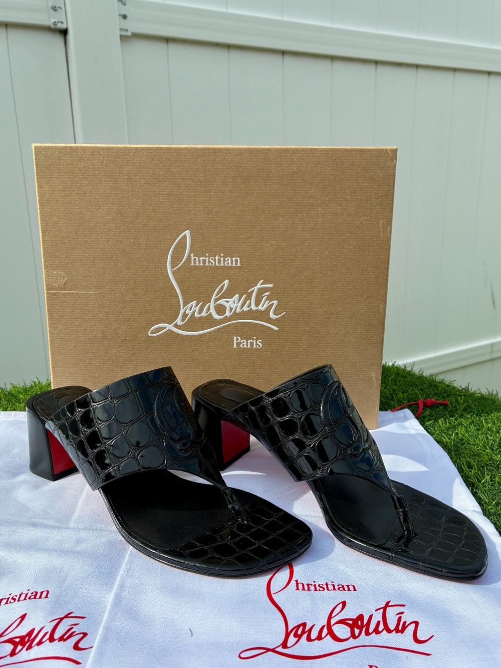 CHRISTIAN LOUBOUTIN CL TONGAMULE SANDALS LOGO BLACK CROC LEATHER SZ 38.5 NEW - Picture 12 of 16